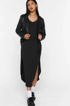 Long-Sleeve Dolphin-Hem Midi Dress