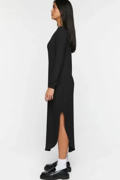 Long-Sleeve Dolphin-Hem Midi Dress