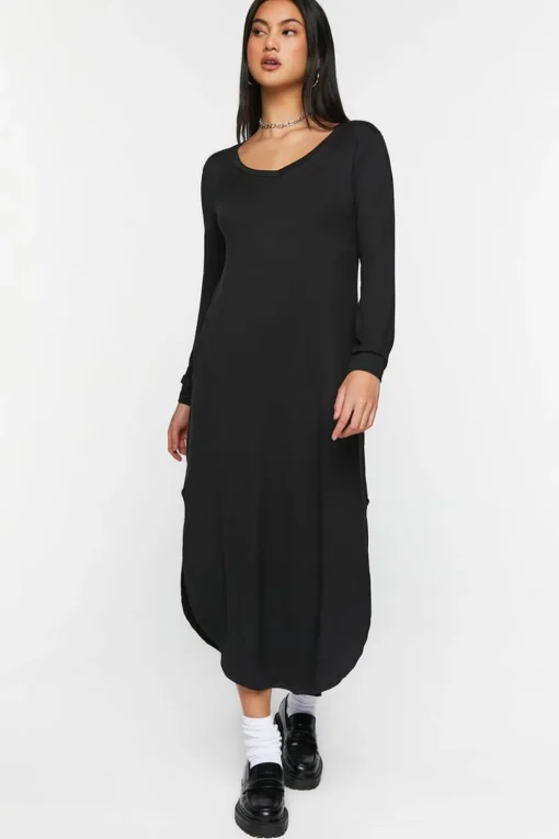 Long-Sleeve Dolphin-Hem Midi Dress