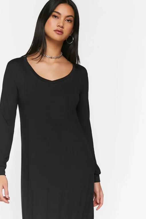 Long-Sleeve Dolphin-Hem Midi Dress