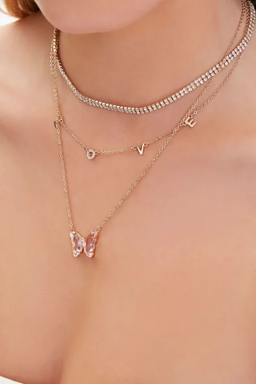 Love Butterfly Pendant Layered Necklace