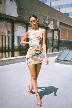 Marble One-Shoulder Ruched Dress