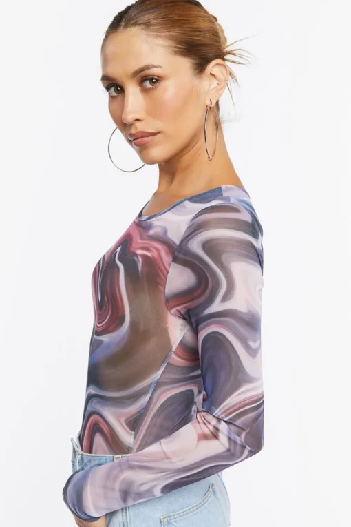 Marble Print Long-Sleeve Bodysuit