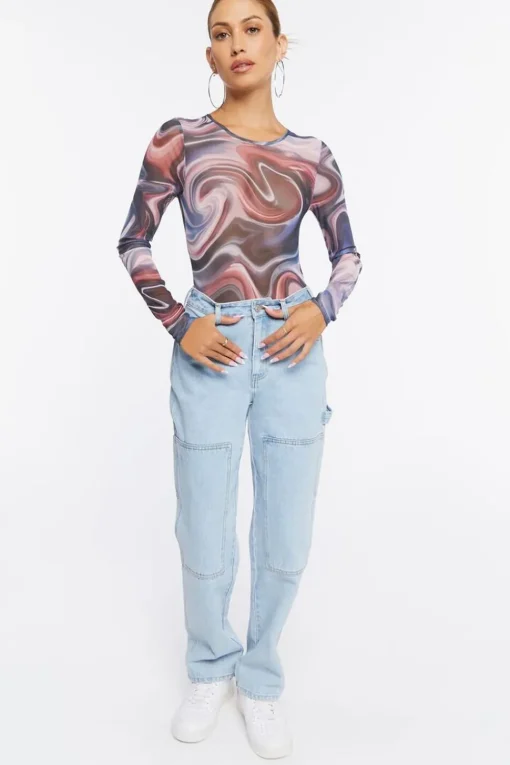 Marble Print Long-Sleeve Bodysuit