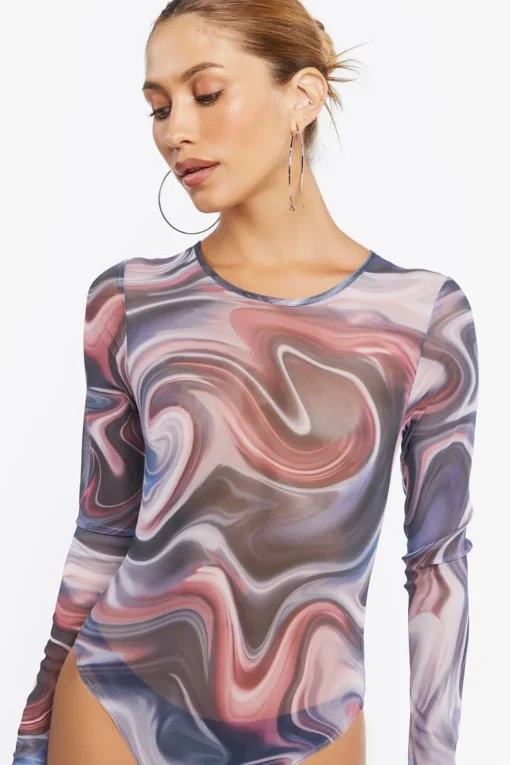 Marble Print Long-Sleeve Bodysuit