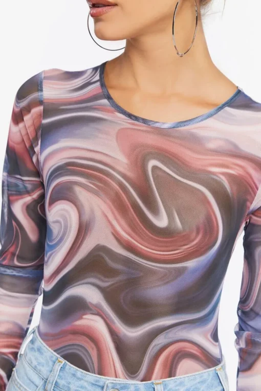 Marble Print Long-Sleeve Bodysuit