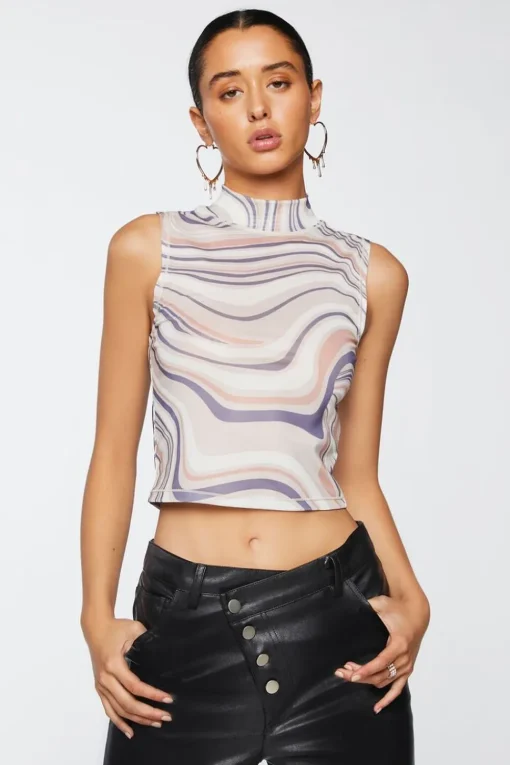 Marble Print Mesh Crop Top