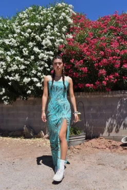 Mesh Abstract Print Maxi Dress