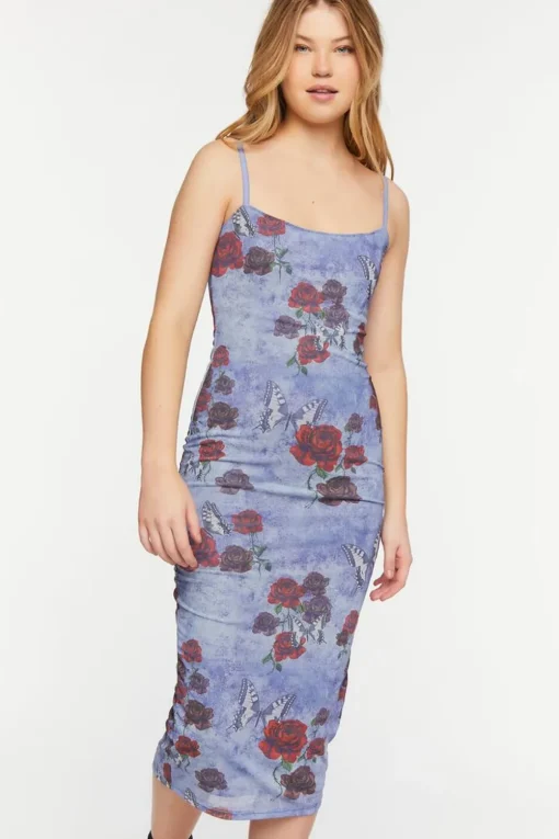 Mesh Butterfly Rose Print Cami Dress