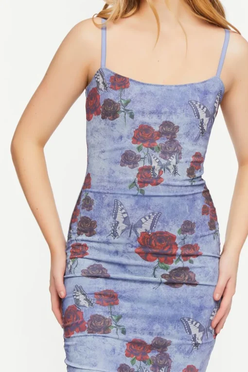 Mesh Butterfly Rose Print Cami Dress