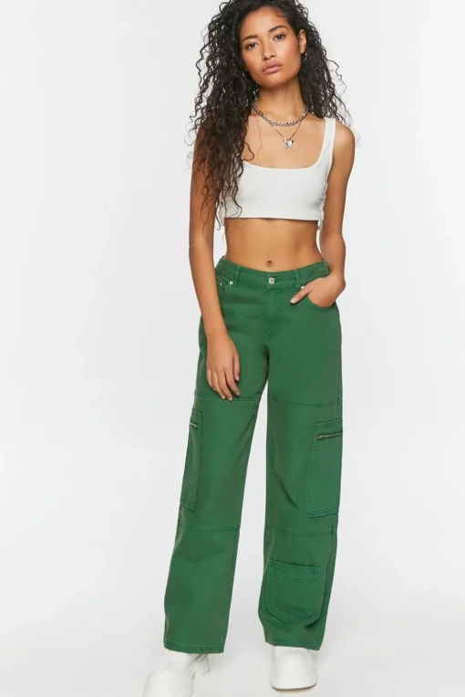 Mid-Rise Denim Cargo Pants