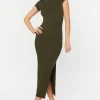 Mock Neck Short-Sleeve Slit Maxi Dress