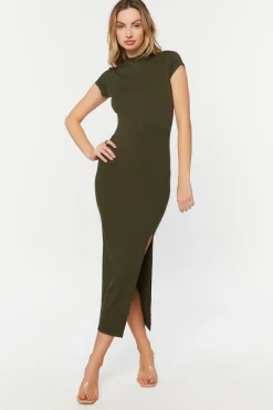 Mock Neck Short-Sleeve Slit Maxi Dress
