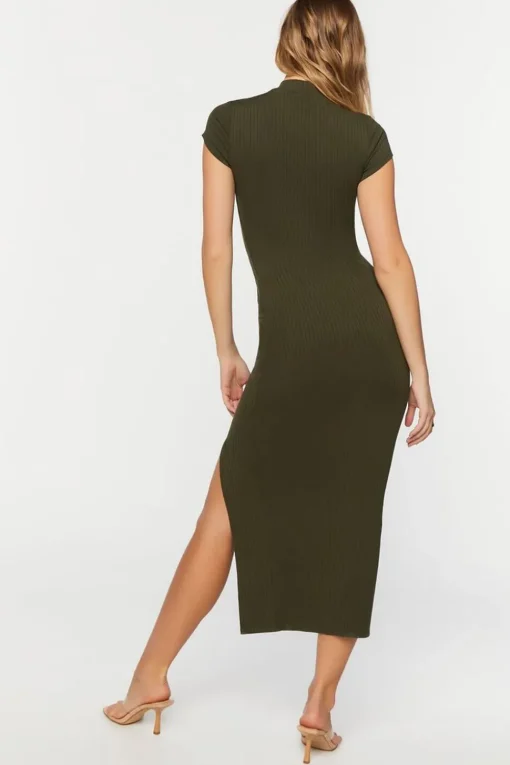 Mock Neck Short-Sleeve Slit Maxi Dress