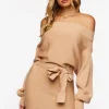 Off-The-Shoulder Belted Sweater Dress