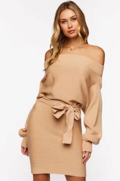 Off-The-Shoulder Belted Sweater Dress