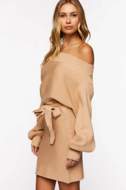 Off-The-Shoulder Belted Sweater Dress