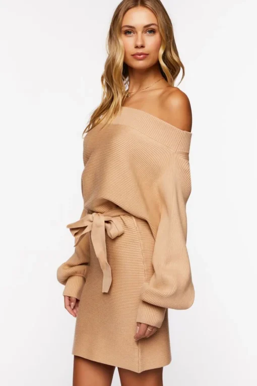 Off-The-Shoulder Belted Sweater Dress
