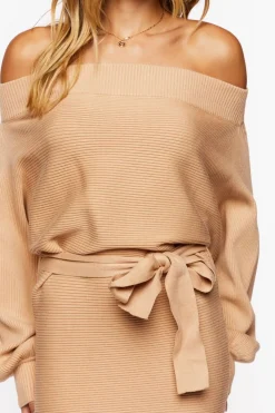 Off-The-Shoulder Belted Sweater Dress