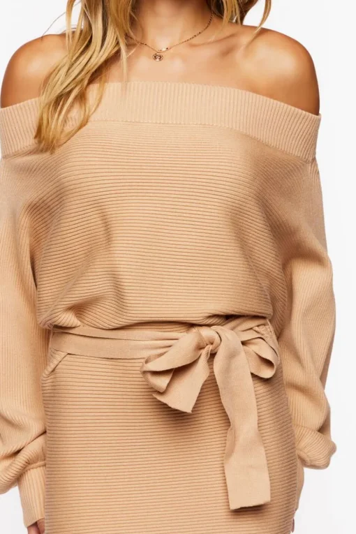 Off-The-Shoulder Belted Sweater Dress