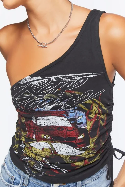 One-Shoulder Reno Racing Graphic Top