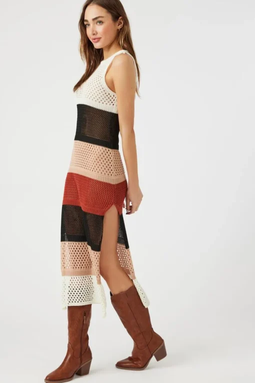 Open-Knit Striped Sleeveless Dress