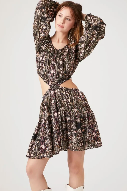 Ornate Print Cutout Mini Dress
