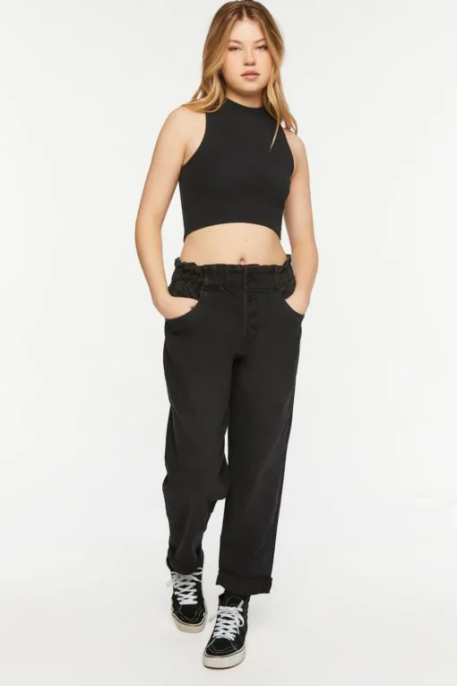 Paperbag Straight-Leg Jeans