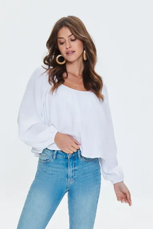 Peasant-Sleeve Split-Back Top
