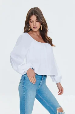 Peasant-Sleeve Split-Back Top