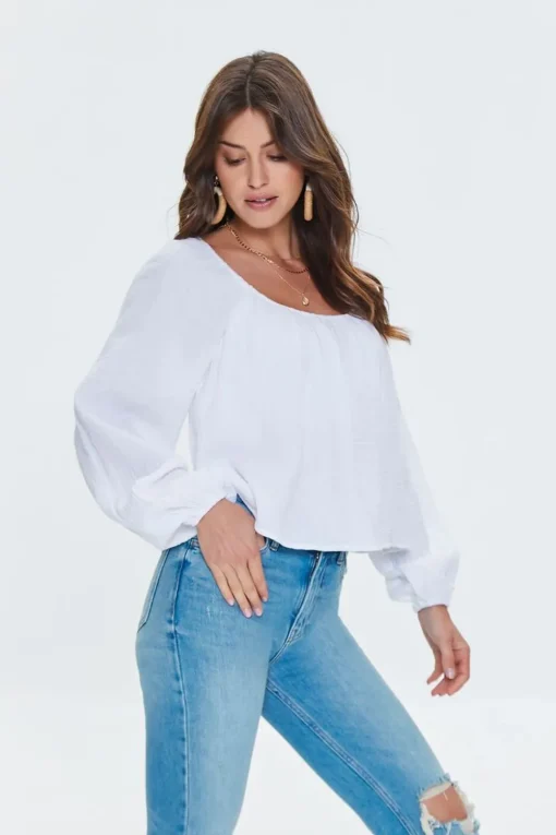 Peasant-Sleeve Split-Back Top