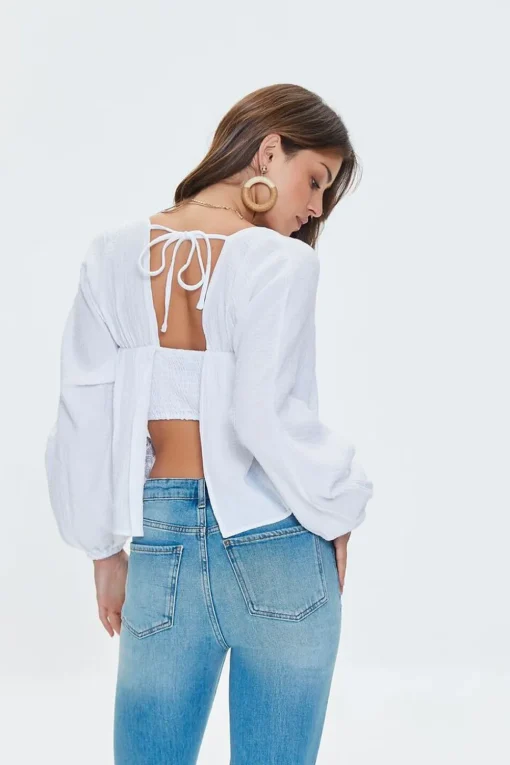 Peasant-Sleeve Split-Back Top