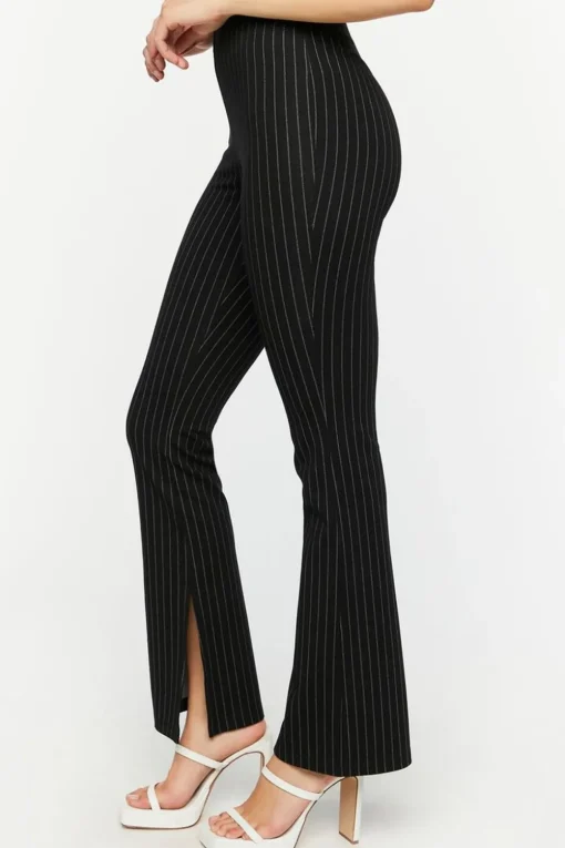 Pinstriped Split-Hem Straight-Leg Pants