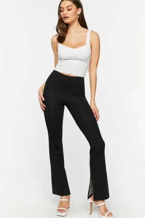 Pinstriped Split-Hem Straight-Leg Pants