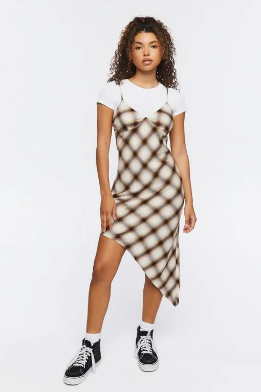 Plaid Asymmetrical Slip Dress