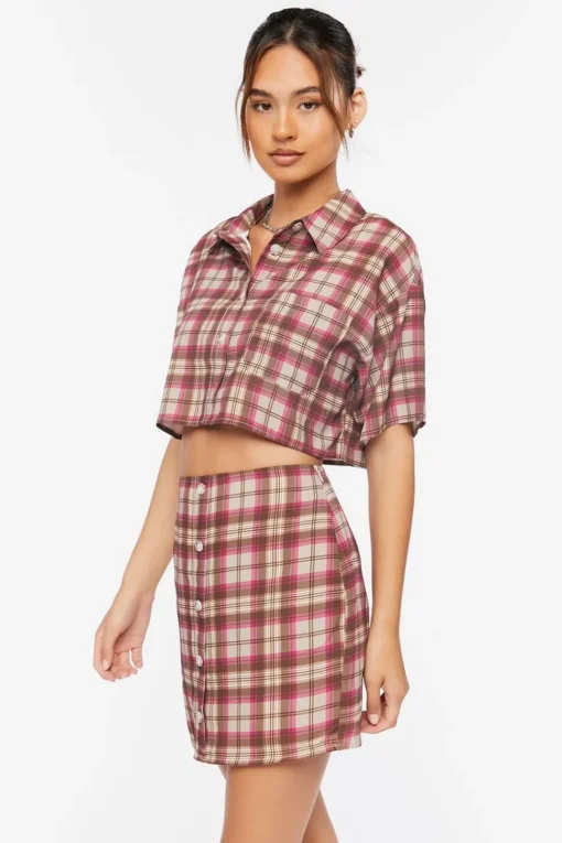 Plaid Cropped Shirt & Skirt Set