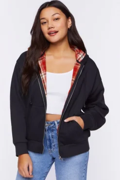 Plaid-Lined Zip-Up Hoodie