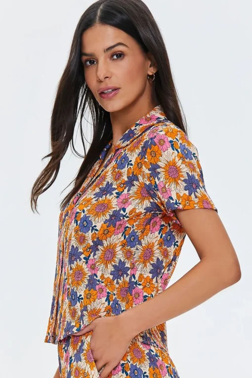 Pleated Floral Print Shirt