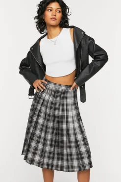 Pleated Plaid Midi Skirt