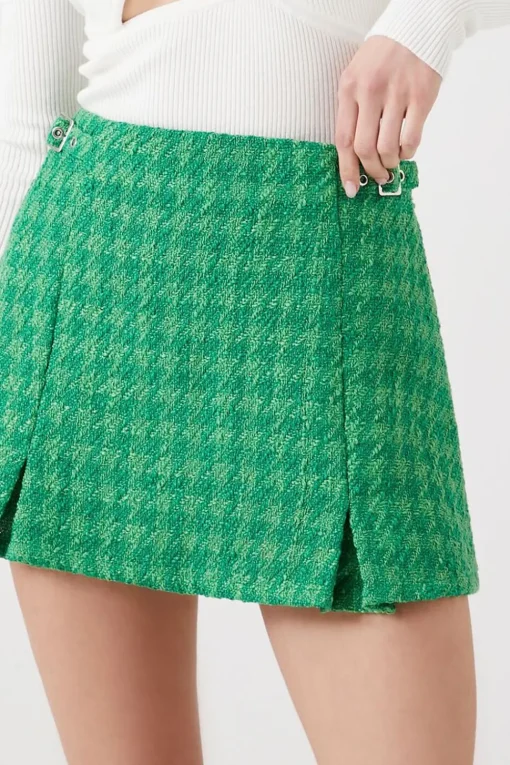 Pleated Tweed Houndstooth Mini Skirt