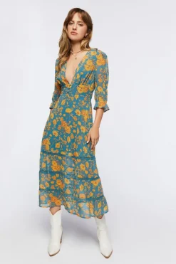Plunging Floral Chiffon Midi Dress