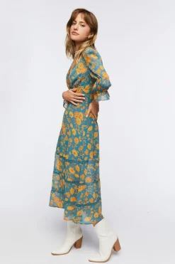 Plunging Floral Chiffon Midi Dress