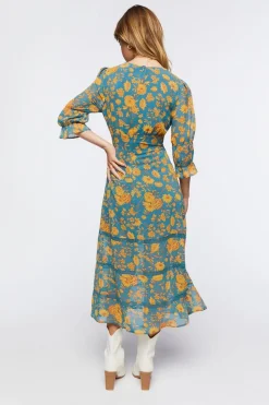 Plunging Floral Chiffon Midi Dress