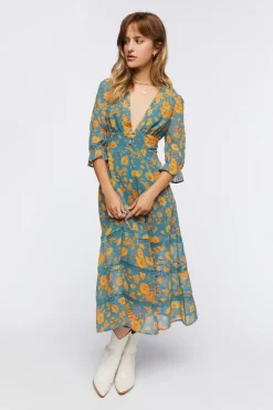 Plunging Floral Chiffon Midi Dress