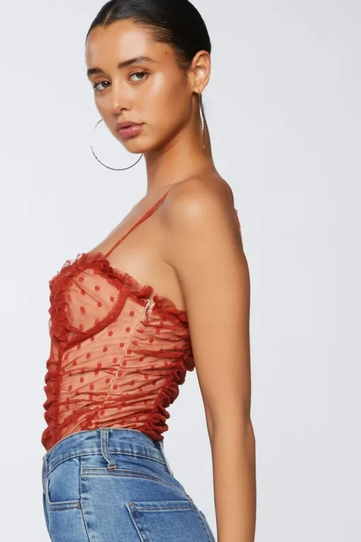 Polka Dot Mesh Ruffled Bodysuit