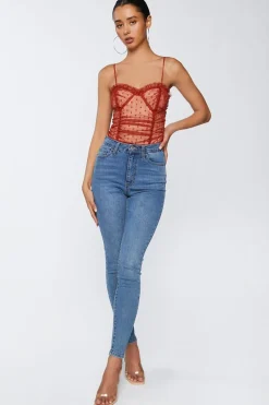 Polka Dot Mesh Ruffled Bodysuit