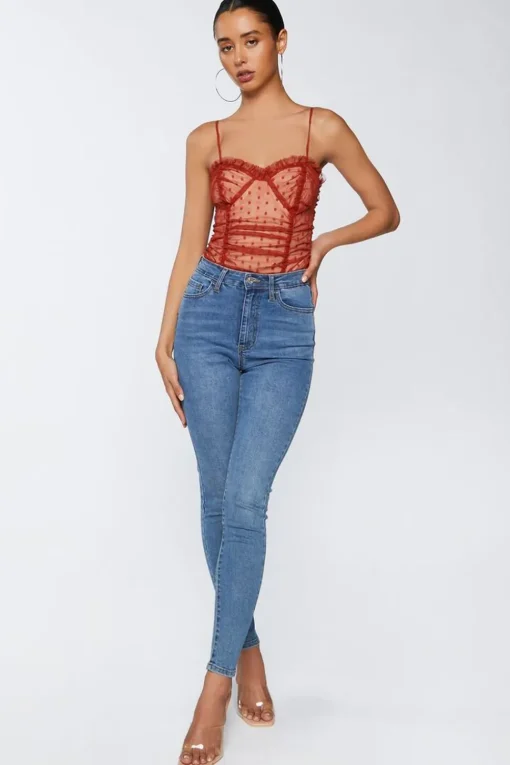 Polka Dot Mesh Ruffled Bodysuit