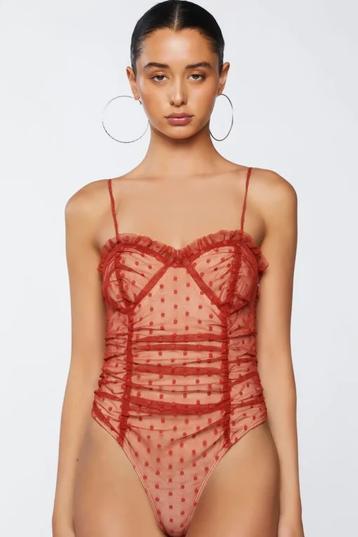 Polka Dot Mesh Ruffled Bodysuit