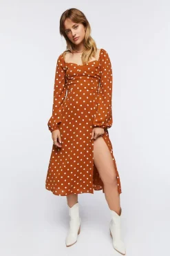 Polka Dot Peasant-Sleeve Midi Dress