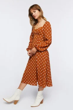 Polka Dot Peasant-Sleeve Midi Dress